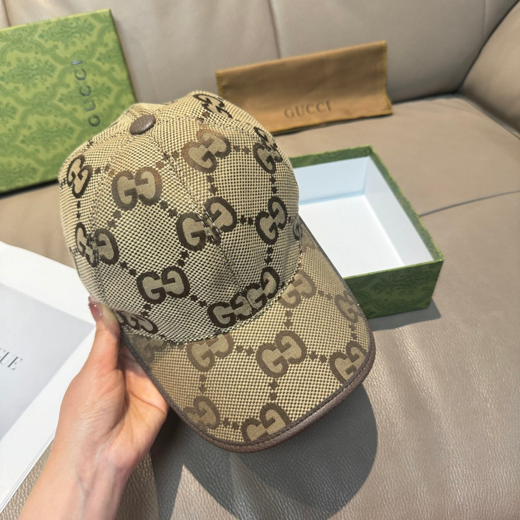 Beige Gucci cap with GG monogram pattern, curved brim, close-up side
