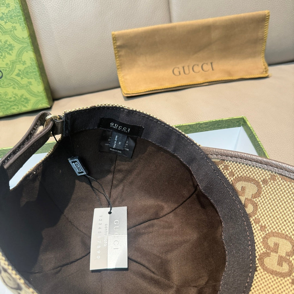 Gucci cap interior with black lining and adjustable strap detail