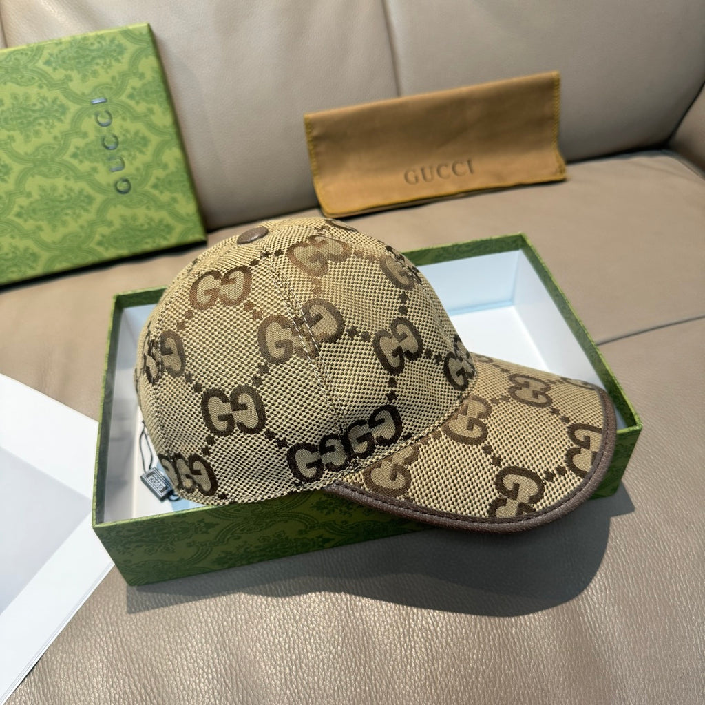 Beige Gucci cap with GG monogram pattern and curved brim, side view