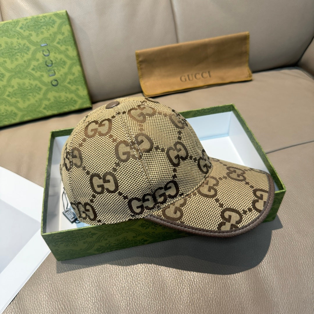 Beige Gucci cap with GG monogram pattern and curved brim, side view