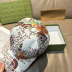 Gucci cap with white side panel and multicolor floral text print, curved brim