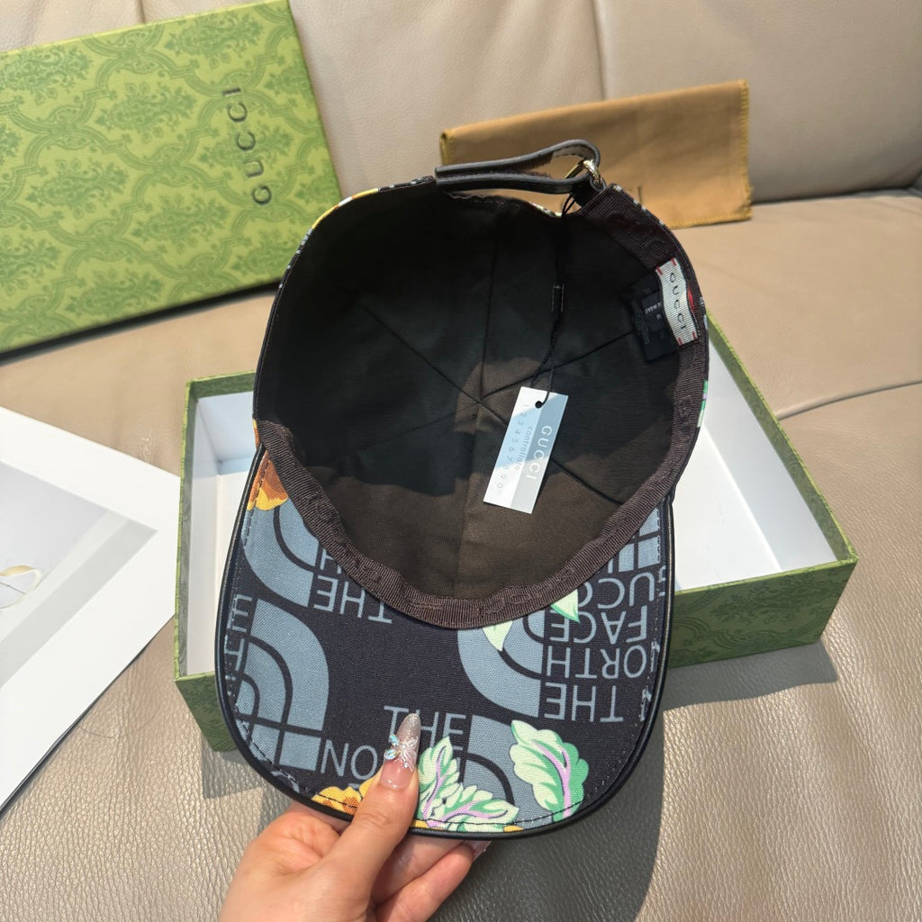Gucci baseball cap interior, black crown lining with printed logo pattern