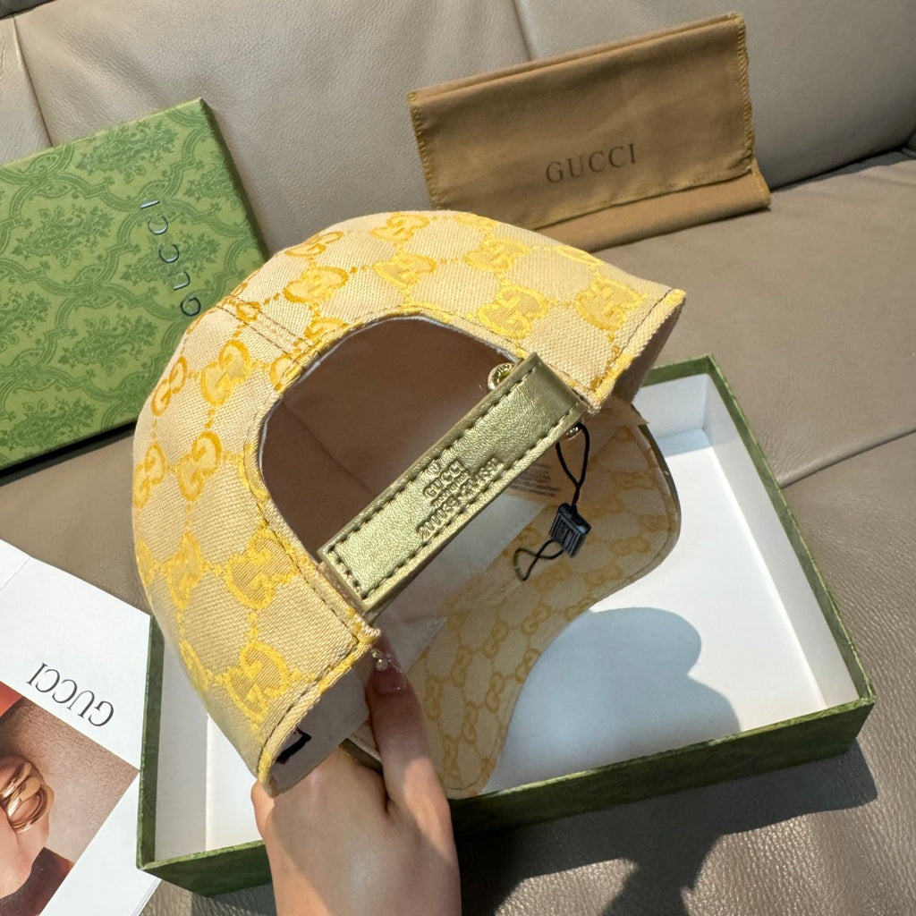 Yellow GG logo baseball cap with green leather-look side label