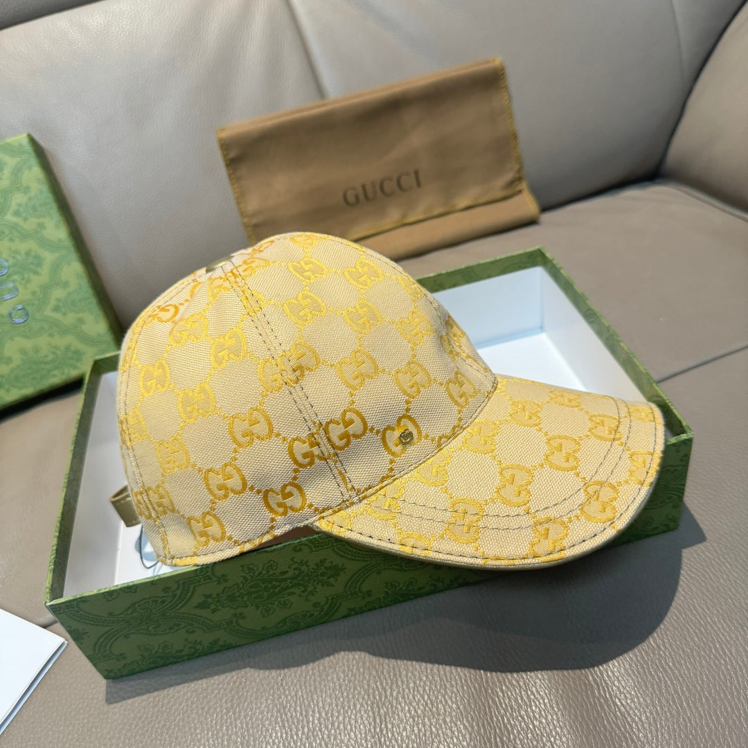 Yellow GG logo baseball cap with curved brim and embroidered front logo