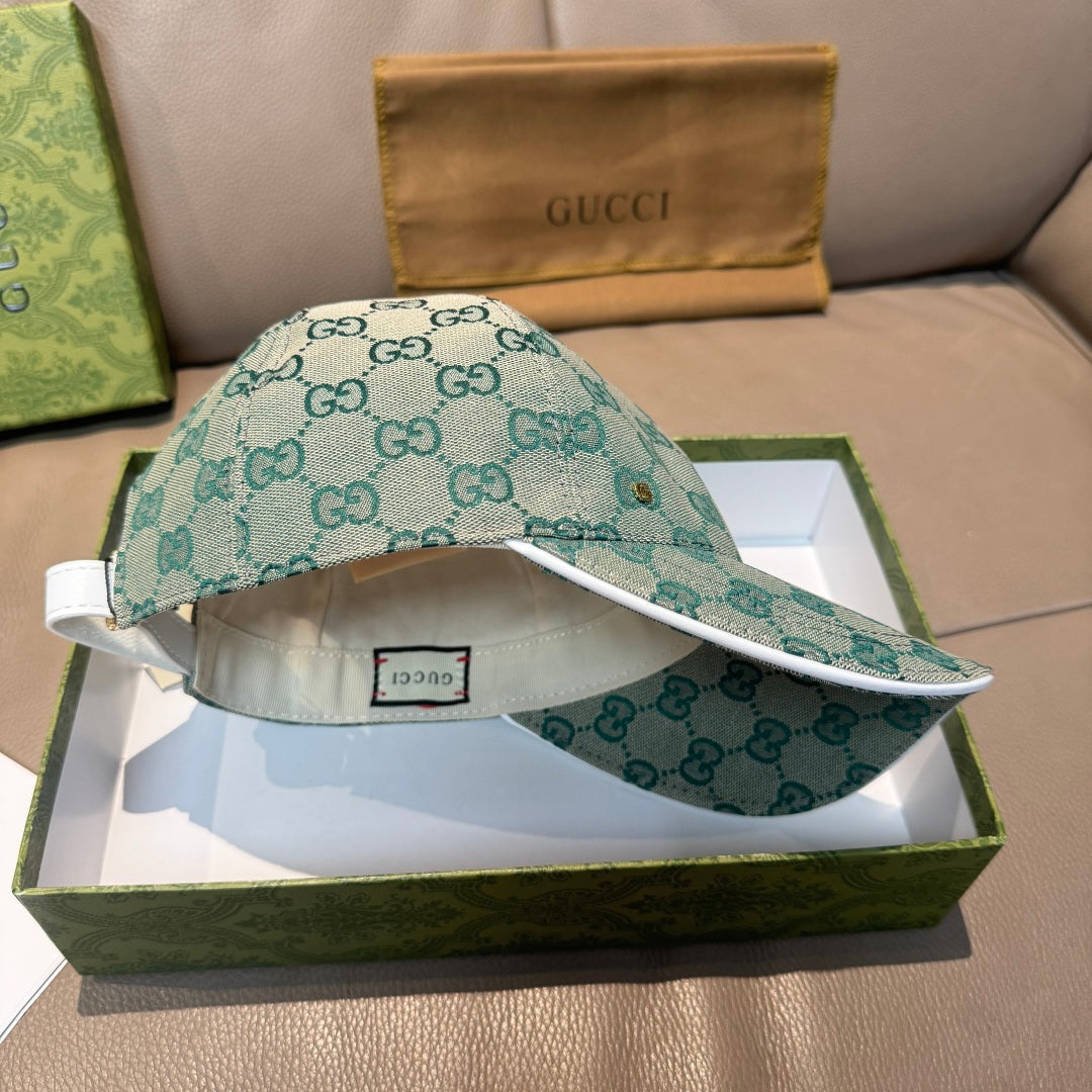 Gucci cap in light teal GG monogram canvas, interior lining and size tag