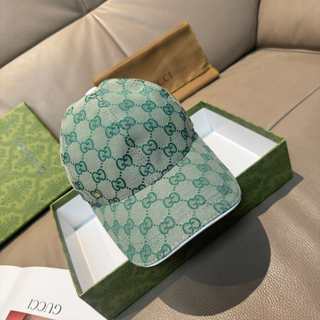 Gucci cap in light teal GG monogram canvas, curved brim, stitched crown seams