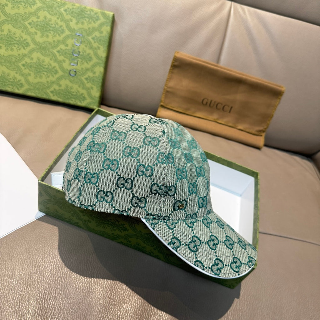 Gucci cap in light teal GG monogram canvas, curved brim, side profile view