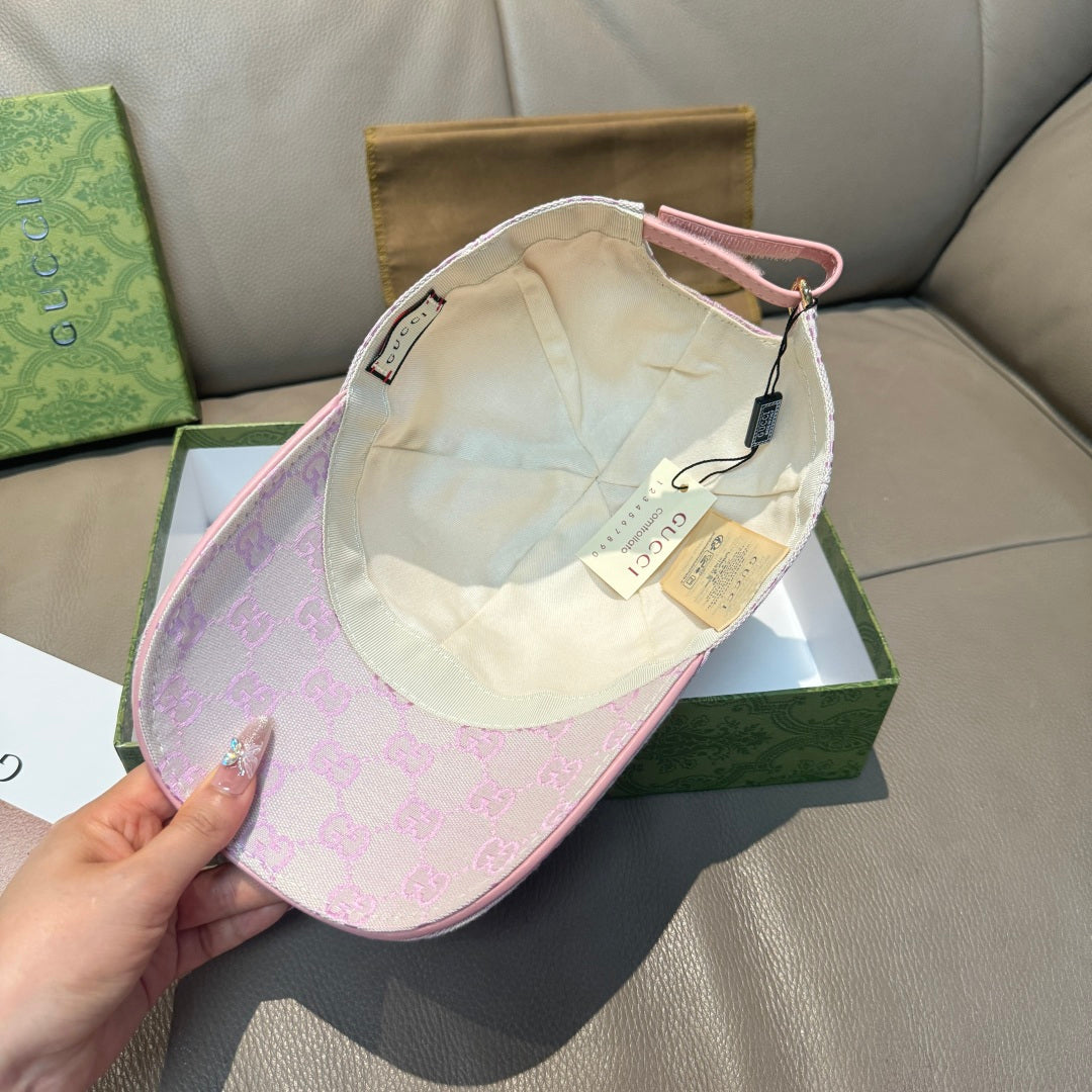 Gucci cap interior view with beige lining and pink edge trim