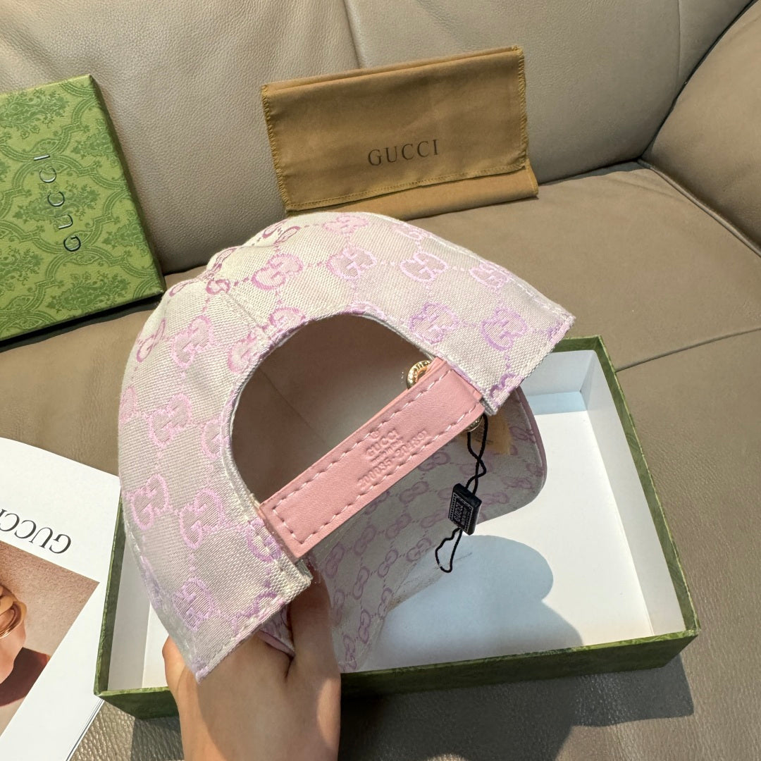 Gucci cap underside view with pink strap and visible beige lining