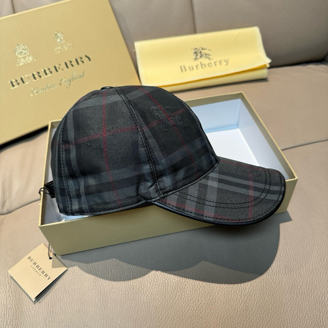 Plaid baseball cap, dark navy with red and gray check pattern, side view