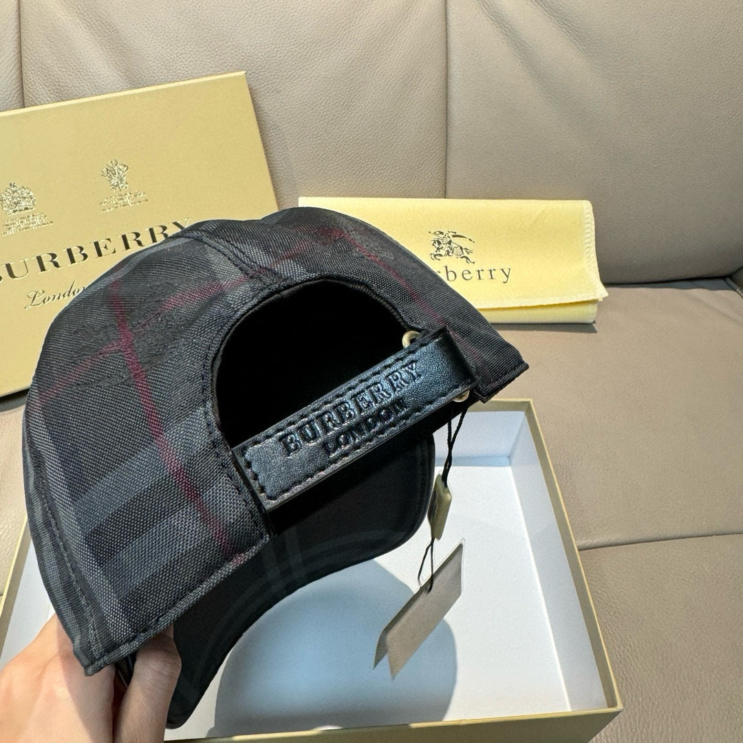 Plaid cap side panel with label patch, dark navy with red and gray checks
