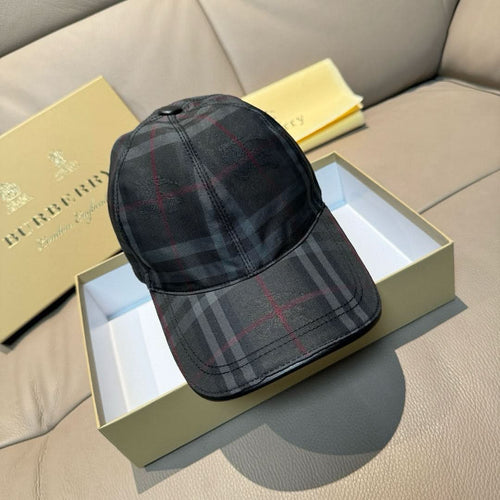 Burberry plaid baseball cap, dark navy with red and gray checks and curved brim