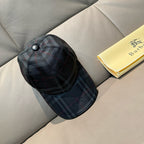 Plaid baseball cap, dark navy with red and gray check pattern and snap button top