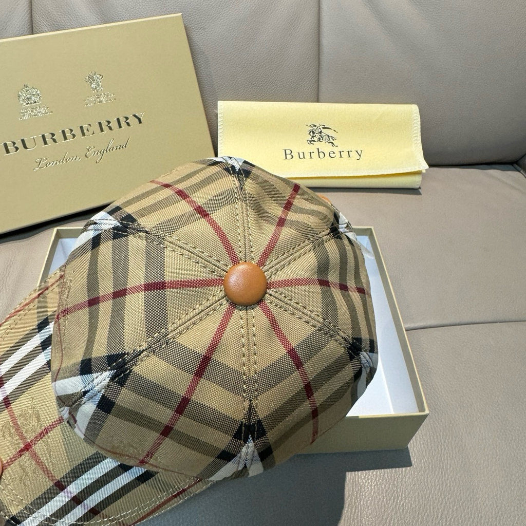 Plaid baseball cap crown close-up with round button centered