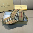 Plaid baseball cap with stitched visor and buttoned crown, two-quarter view