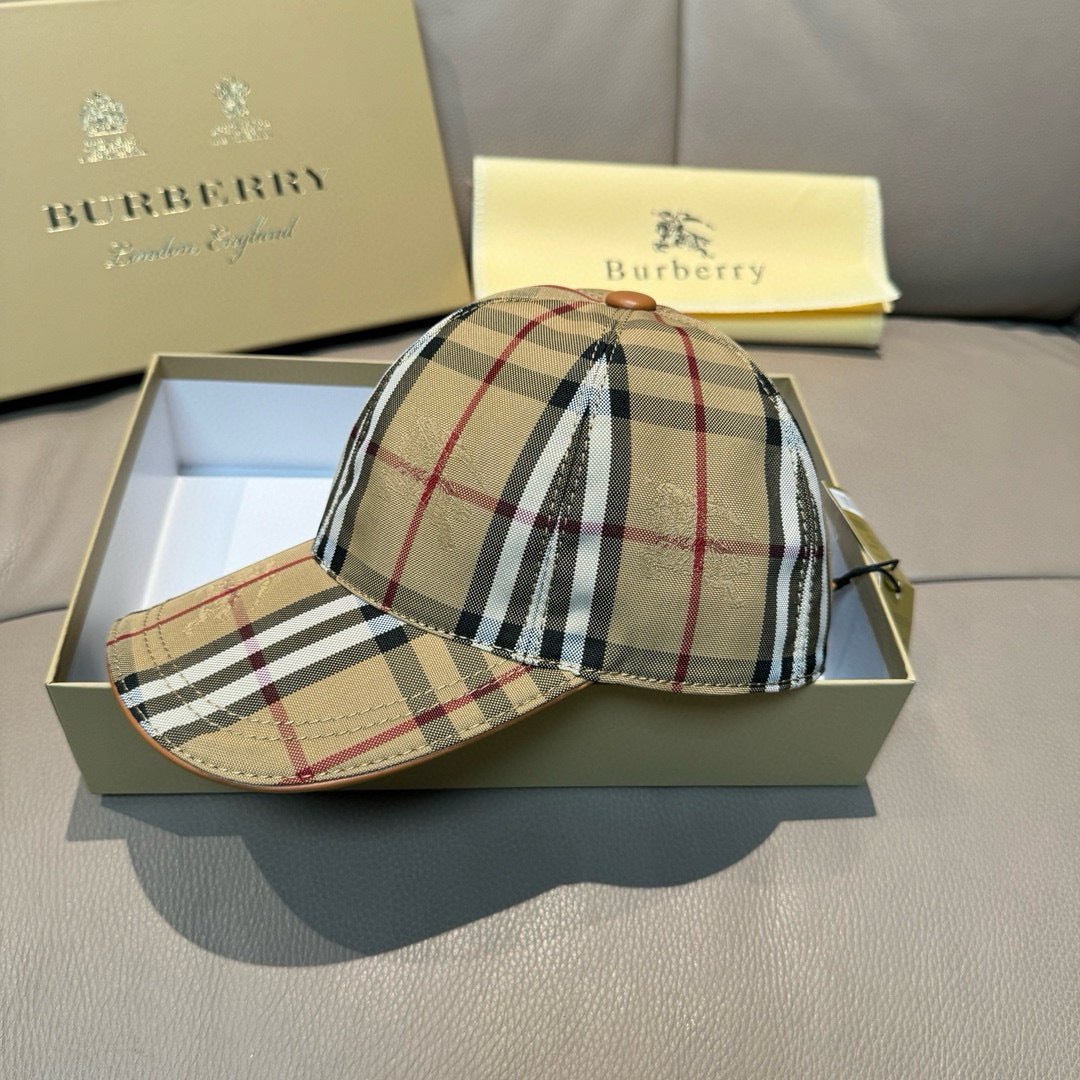 Plaid baseball cap with stitched visor and buttoned crown, two-quarter view