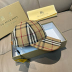 Plaid baseball cap with tan brim and crown button, front and side