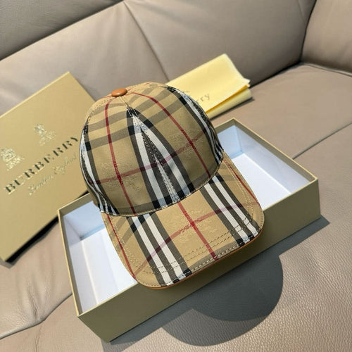 Plaid baseball cap with tan brim and black red check panels, front view