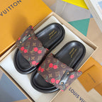 Louis Vuitton slide sandals, two-tone look with dark monogram cherry straps and black sandals