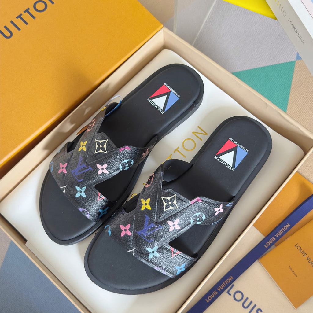 Louis Vuitton slide sandals pair in black with multicolor monogram flower strap