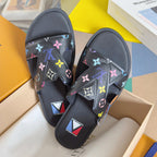 Louis Vuitton slide sandals, black slides with colorful multicolor monogram flower print