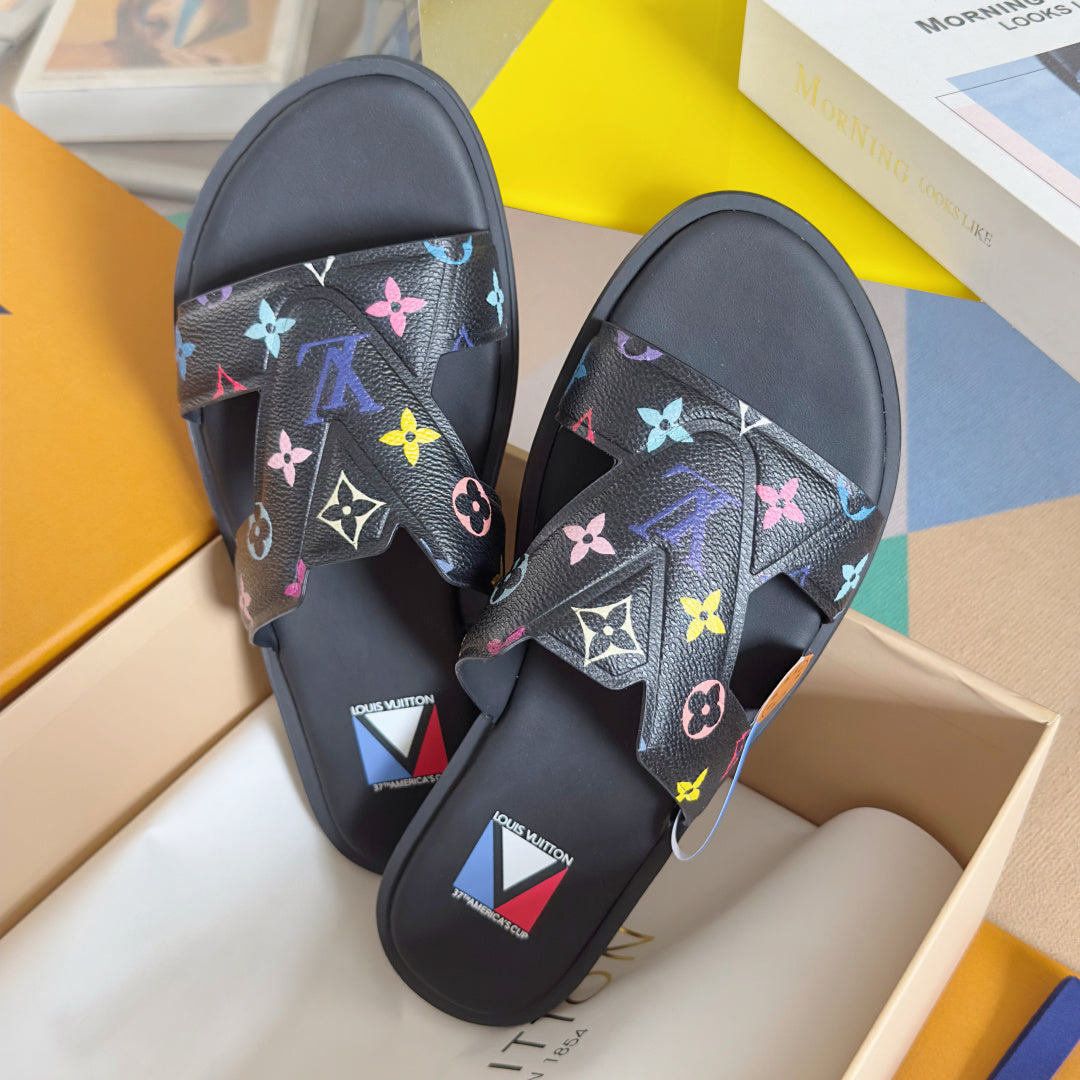 Louis Vuitton slide sandals, black slides with colorful multicolor monogram flower print