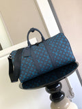 Louis Vuitton duffel bag in blue with monogram pattern, top handles and side strap