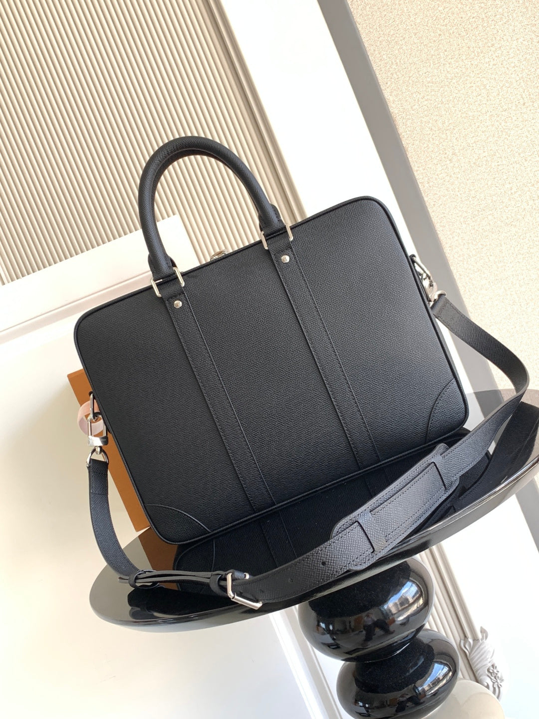 Louis Vuitton bag, dark tote with front panel stitching and crossbody strap