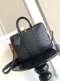 Louis Vuitton checkered tote bag with top handles and front zipper pocket, dark gray