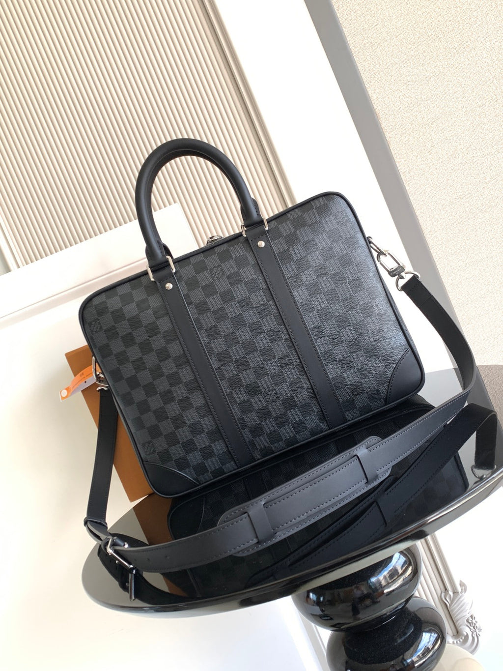 Louis Vuitton checkered tote bag with top handles, side zipper divider, dark gray