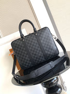 Louis Vuitton checkered tote bag with top handles, side zipper divider, dark gray