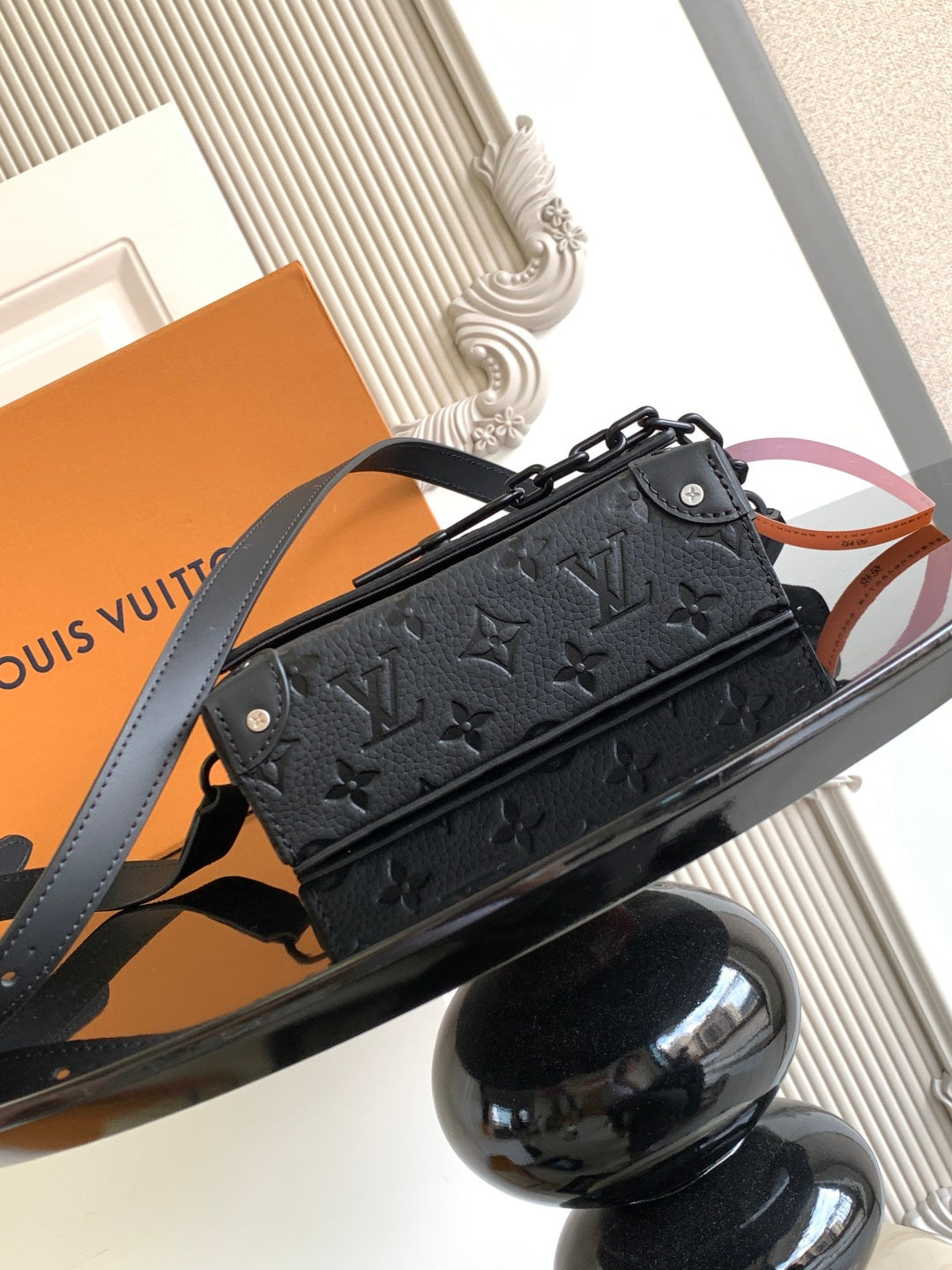 Louis Vuitton monogram crossbody bag in dark gray with black chain and strap