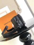 Louis Vuitton monogram crossbody bag with dark strap, top handle, and round hardware