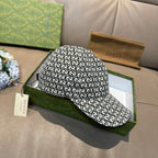 Gucci cap with black-and-white GG monogram allover pattern, top and side view.