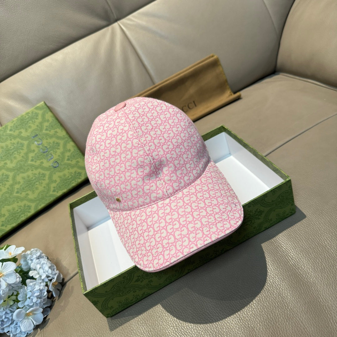 Gucci cap in pink with GG monogram pattern, curved brim, adjustable back strap