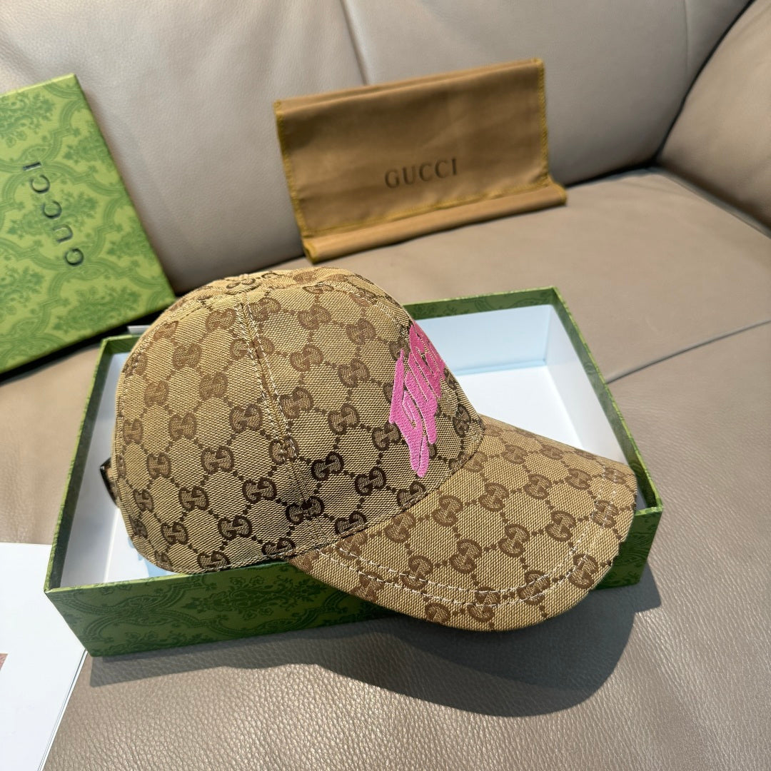 Gucci GG monogram cap with pink logo panel, tan fabric and curved brim