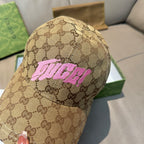 Gucci GG monogram cap close-up with pink logo on tan fabric