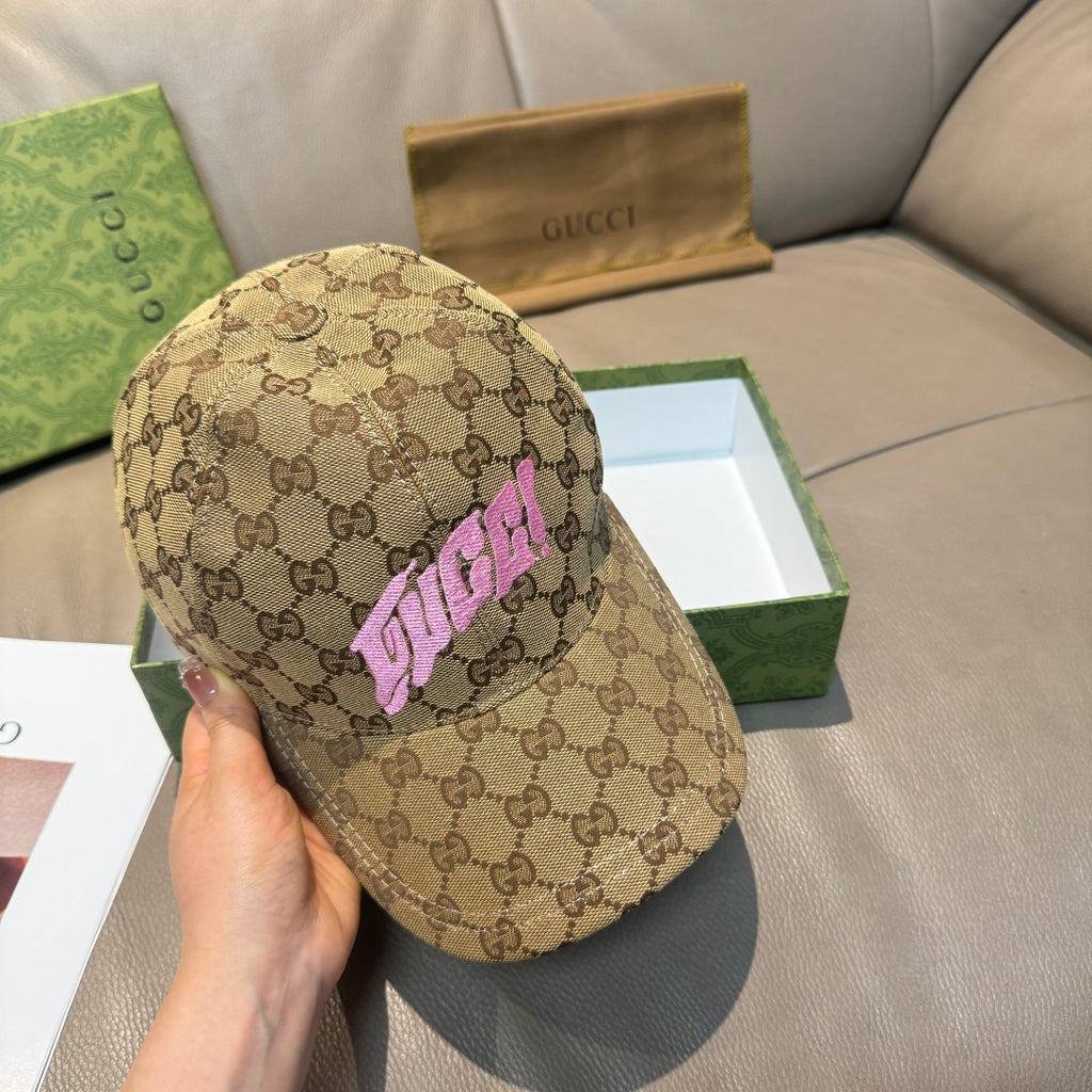 Gucci GG monogram cap with pink lettering, tan baseball style