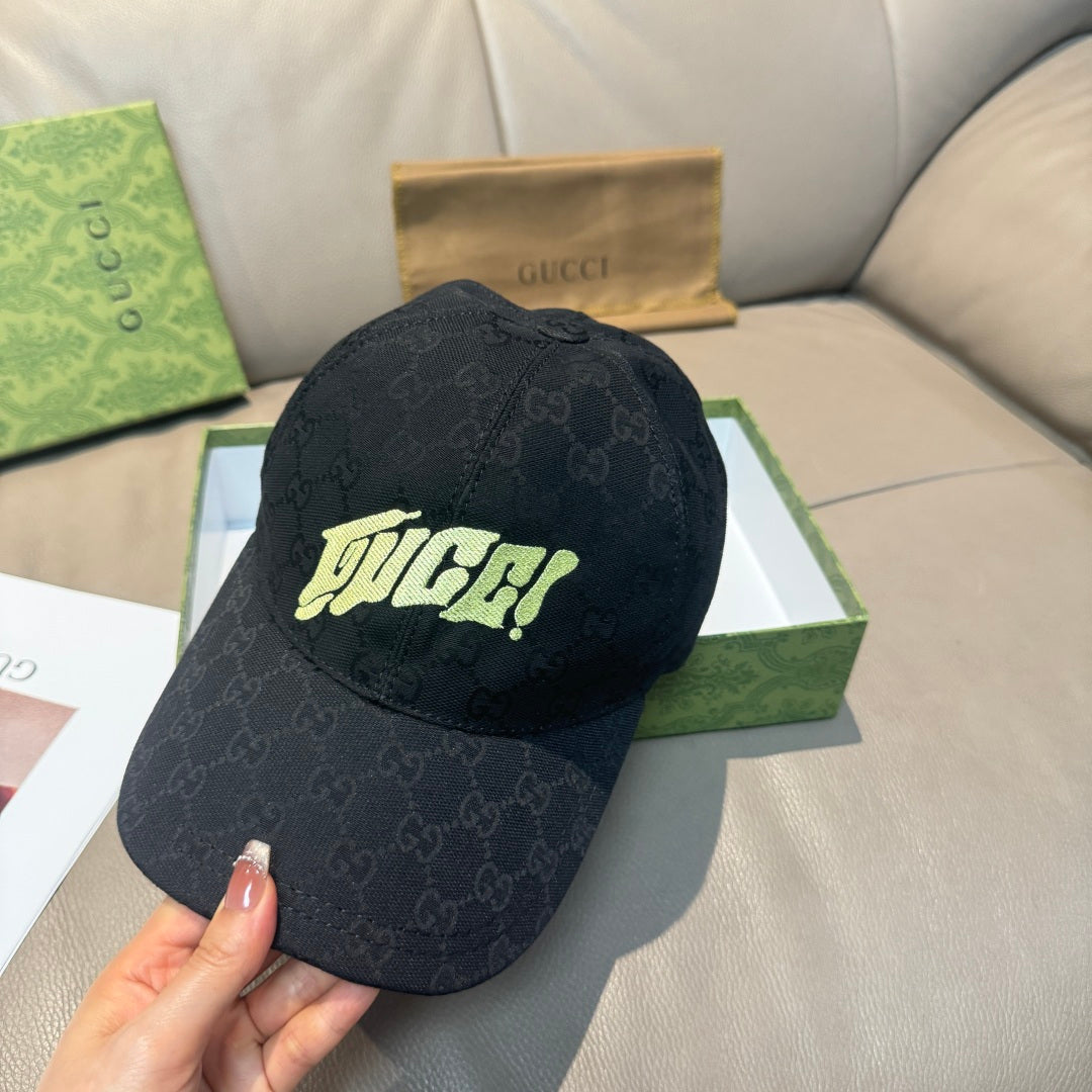 Black Gucci baseball cap with neon logo front and GG monogram allover texture.