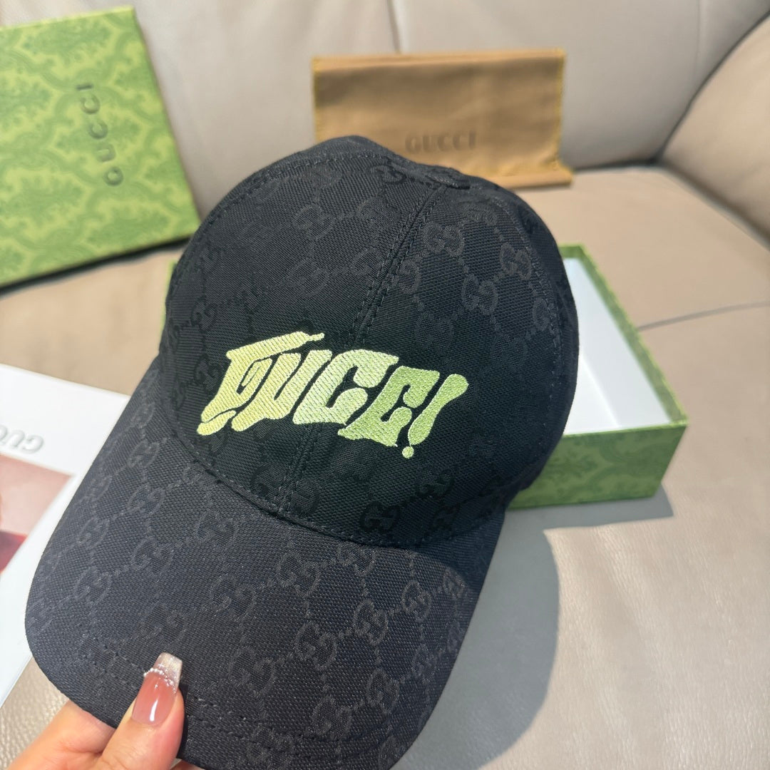 Black Gucci baseball cap with neon logo on front, GG monogram pattern.