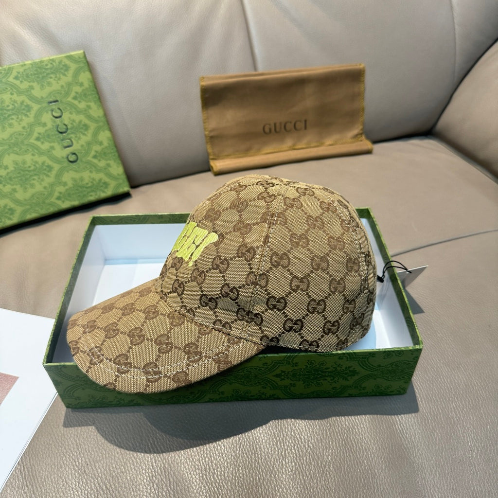 Gucci cap in tan GG monogram canvas with neon green side logo and curved brim