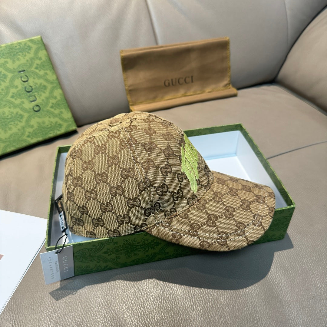 Gucci cap in tan GG monogram canvas with neon green front patch and curved brim