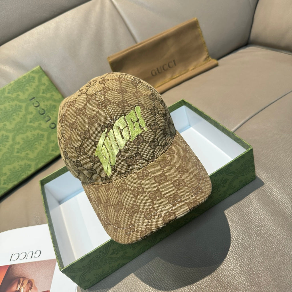 Gucci cap in tan GG monogram canvas with neon green front logo