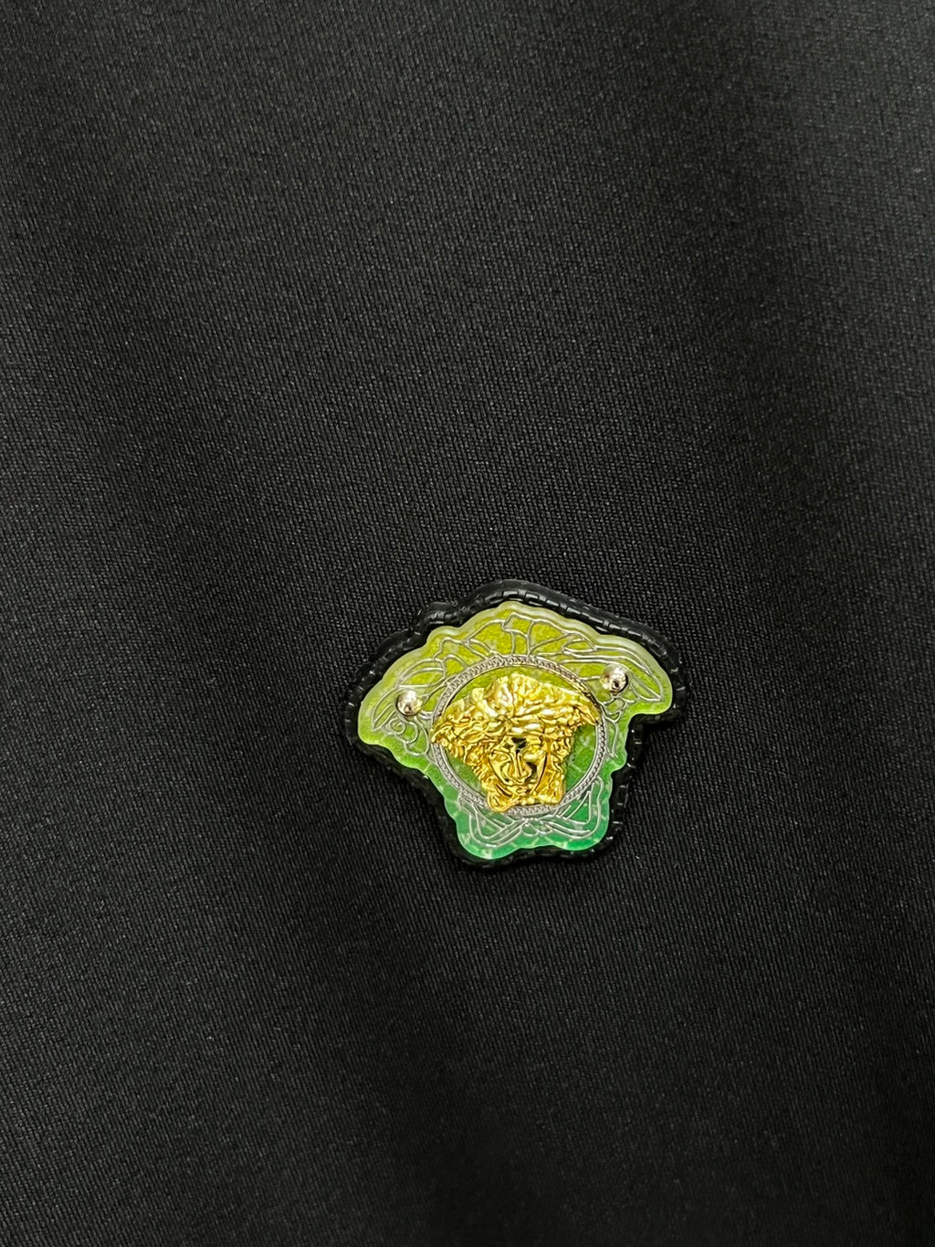 Versace embroidered lion logo patch in green and gold on black fabric