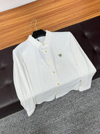 Versace white button-up dress shirt with chest logo and gold buttons