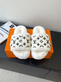 Louis Vuitton women’s plush slides with LV monogram, white faux-fur straps