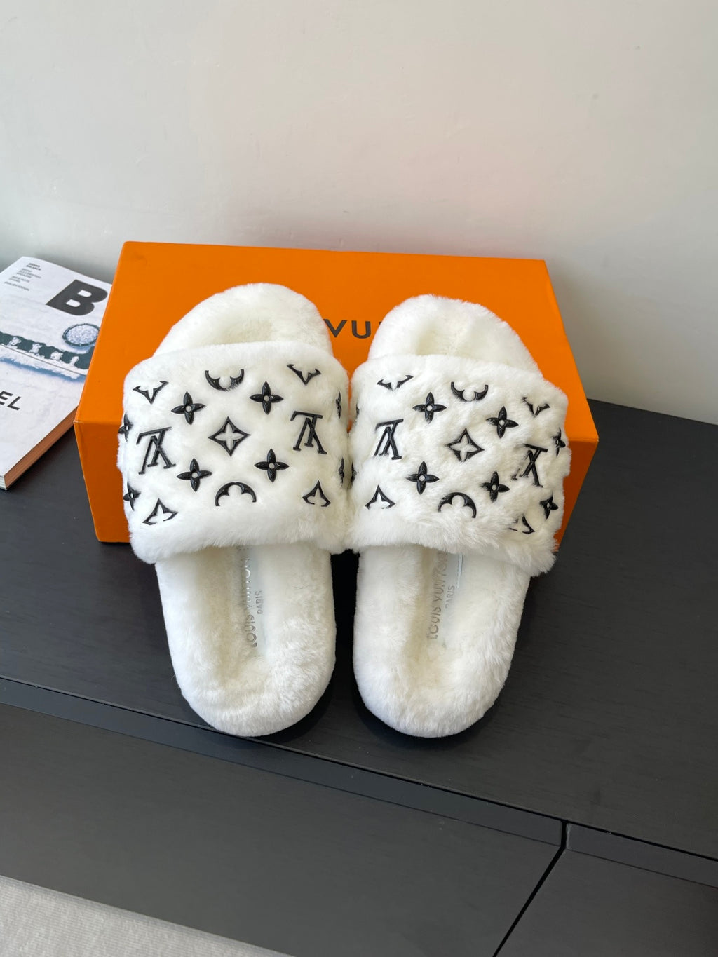 Louis Vuitton women’s plush slides, white pair sandals with LV monogram straps