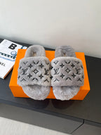 Louis Vuitton ladies plush slide slippers, gray with black monogram pattern