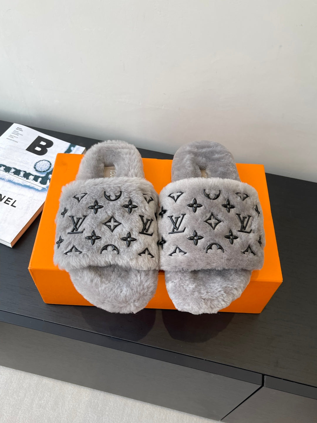 Louis Vuitton ladies plush slide slippers, gray with black monogram pattern