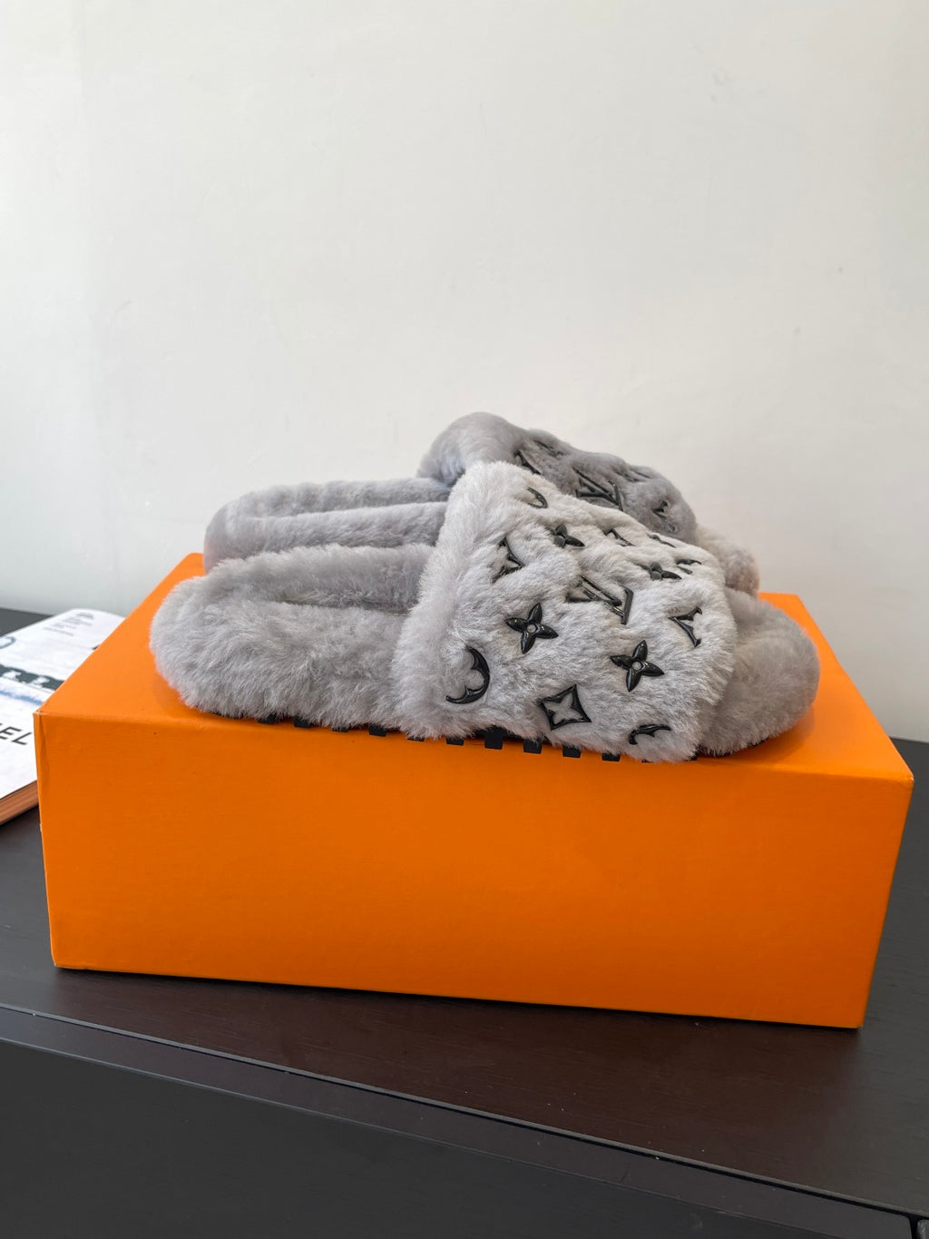 Louis Vuitton plush slip-on slippers, gray with black monogram all over
